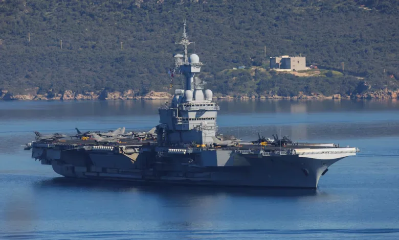 French aircraft carrier Charles de Gaulle at sea with aircraft on deck