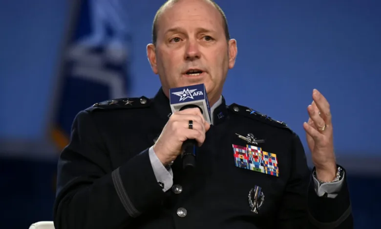 US Space Force General B. Chance Saltzman speaks into a microphone at an AFA event.