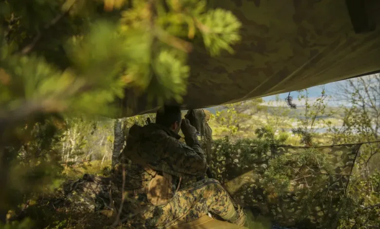 Marine uses binoculars from a camouflaged hide in a wooded area.