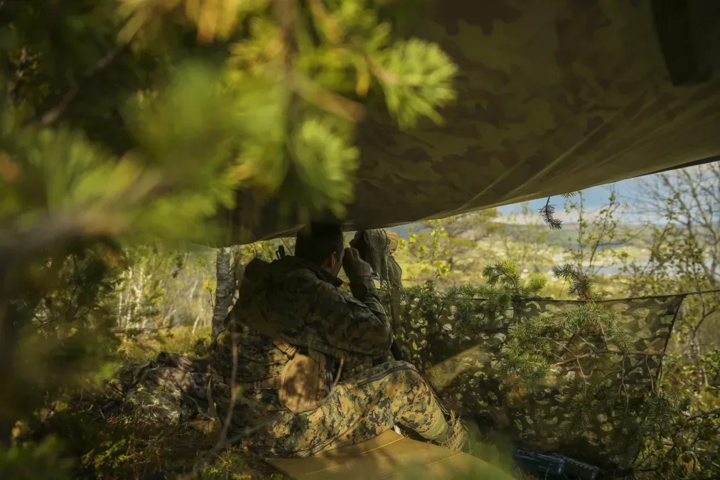 Marine uses binoculars from a camouflaged hide in a wooded area.
