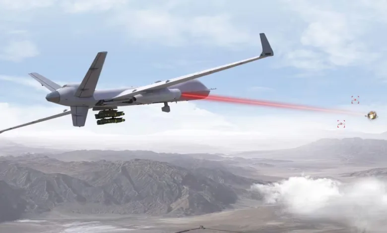 US military drone fires laser to intercept incoming missiles over a desert landscape.