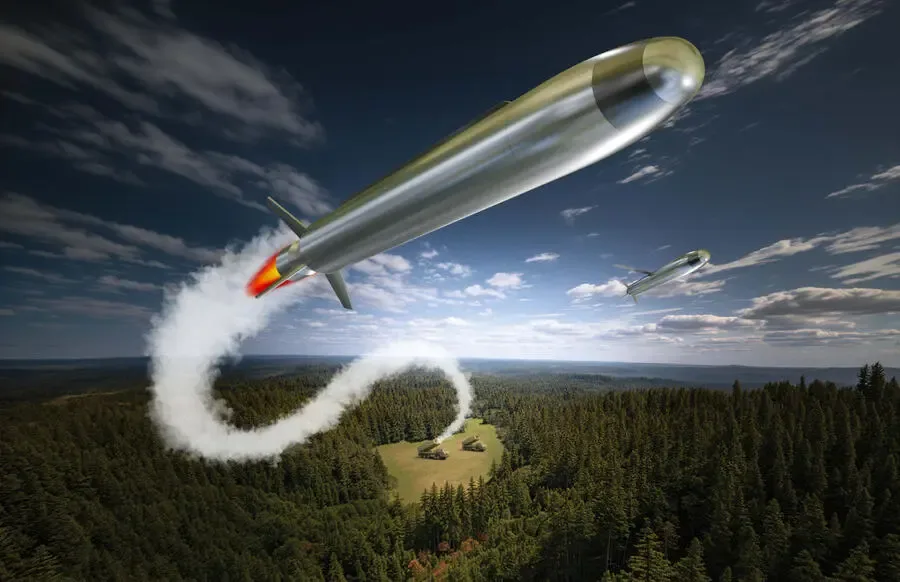 Two missiles fly over a forest, one leaving a smoke trail towards military vehicles below.